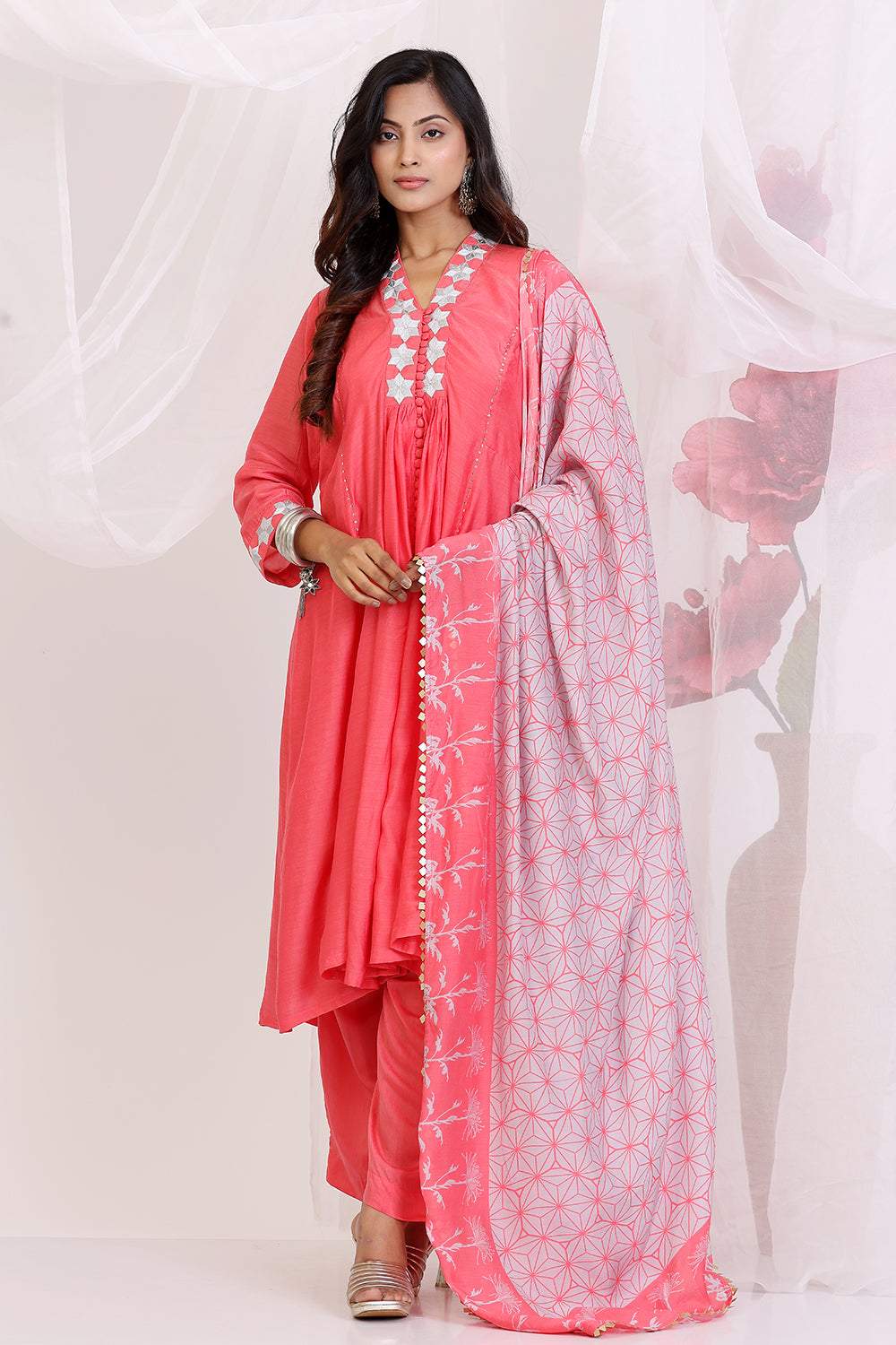 Coral and Grey Kurta Set