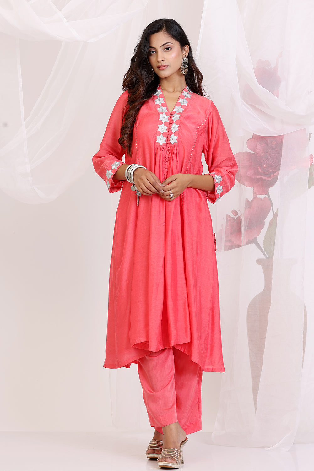 Coral and Grey Kurta Set