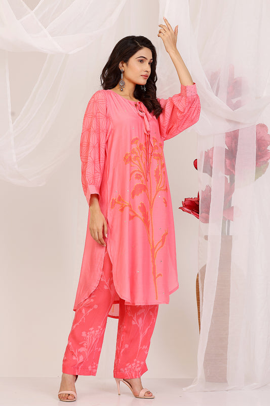 Salmon Pink And Coral Kurta Set