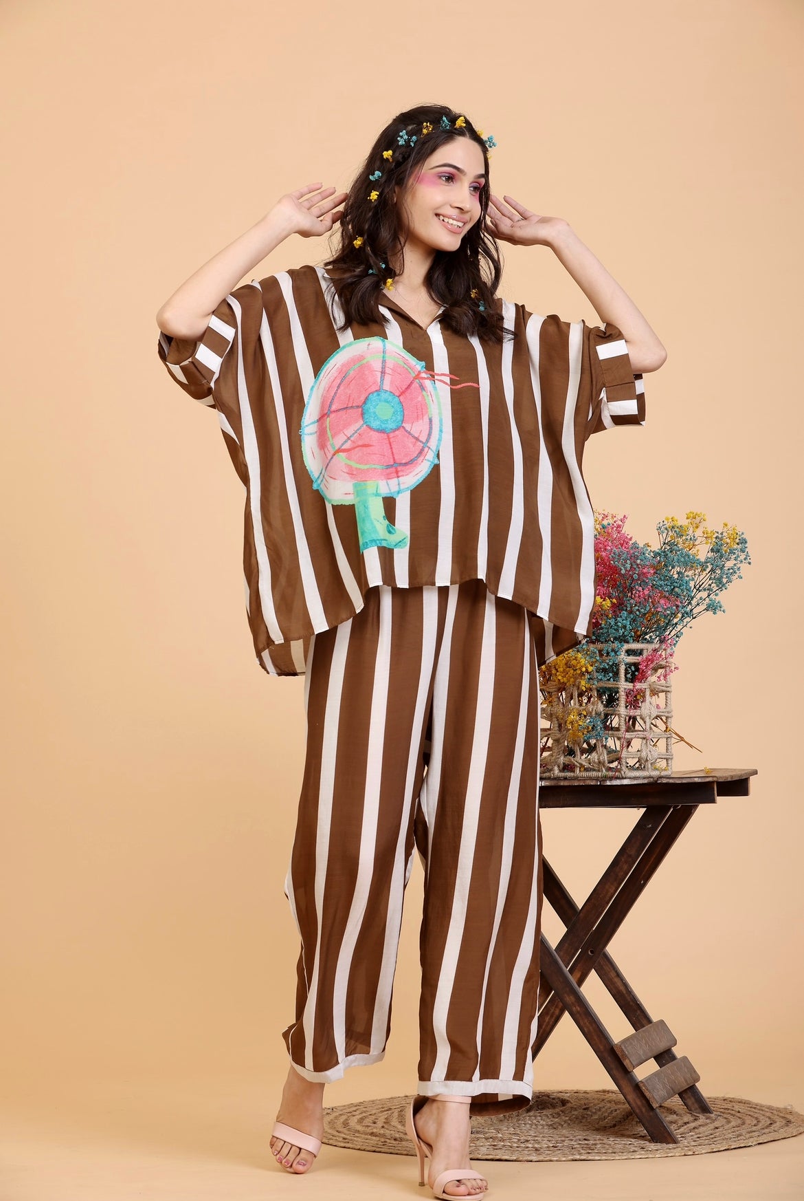 Coord set - Striped Fan (Brown)