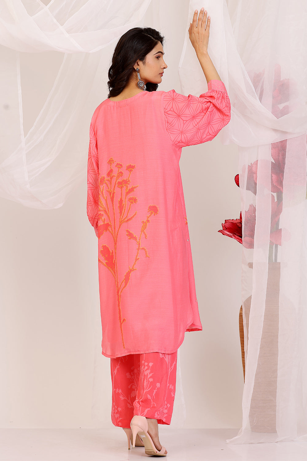 Salmon Pink And Coral Kurta Set