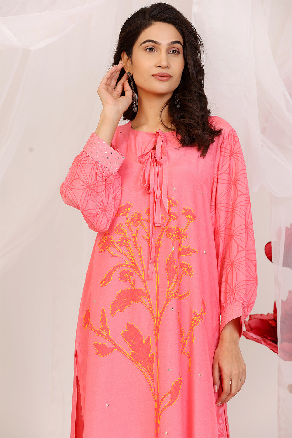 Salmon Pink And Coral Kurta Set