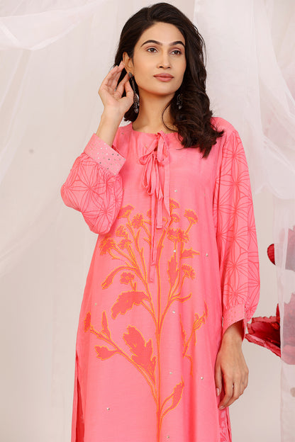 Salmon Pink And Coral Kurta Set