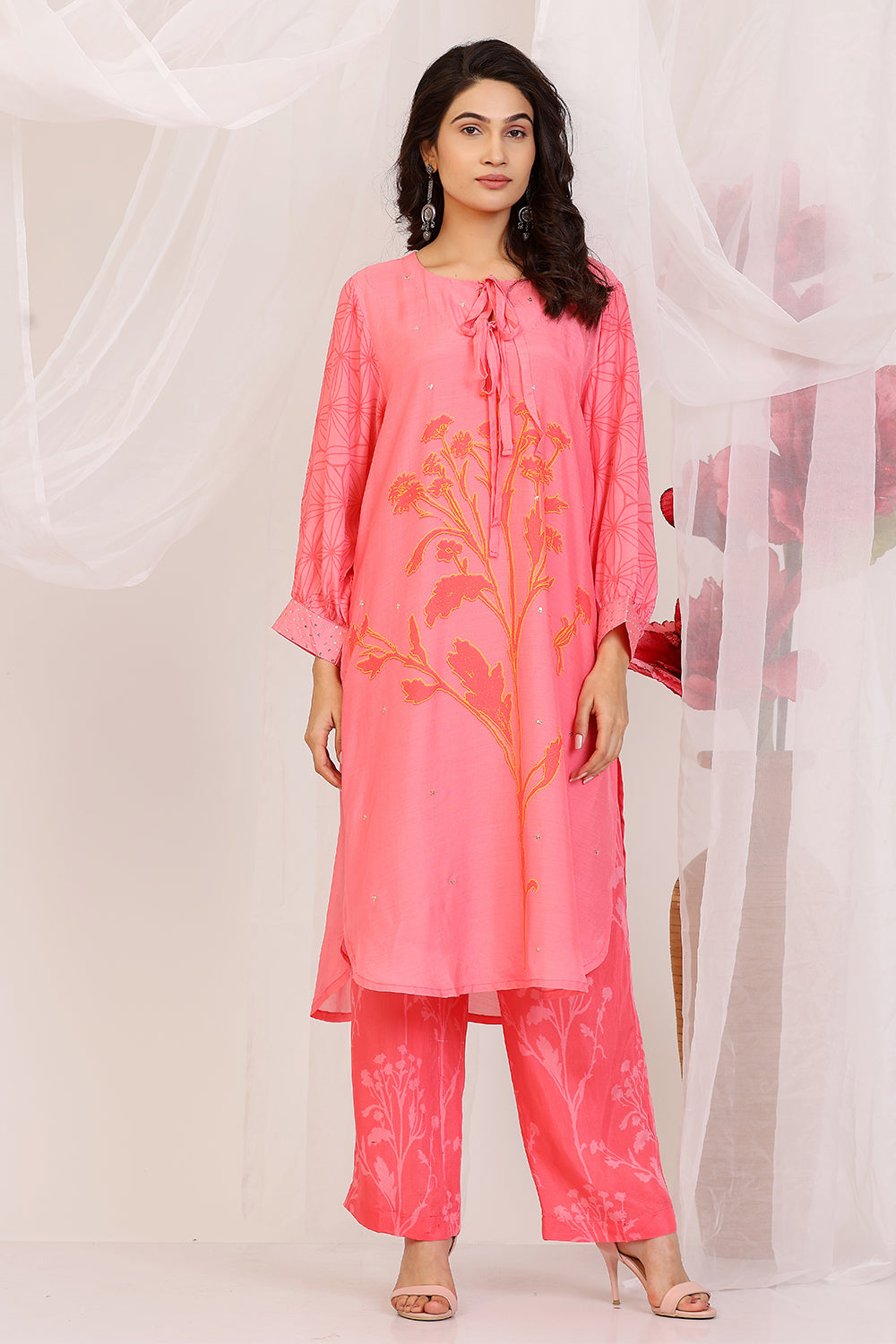 Salmon Pink And Coral Kurta Set