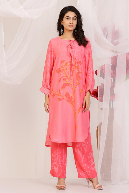 Salmon Pink And Coral Kurta Set