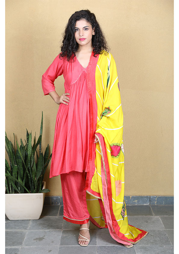 Gathered Coord Set with Dupatta - Coral