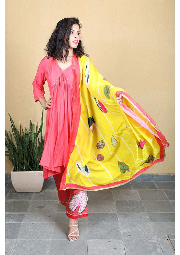 Gathered Coord Set with Dupatta - Coral