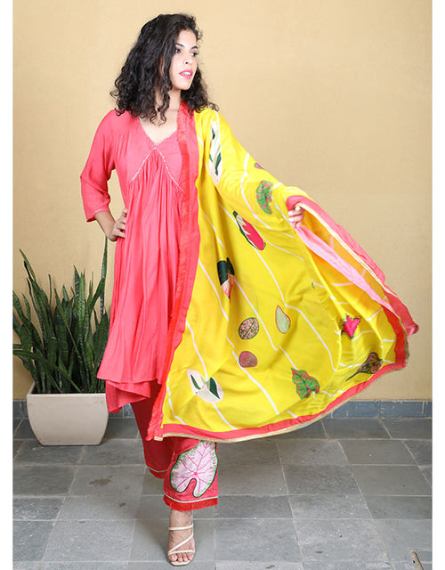 Gathered Coord Set with Dupatta - Coral